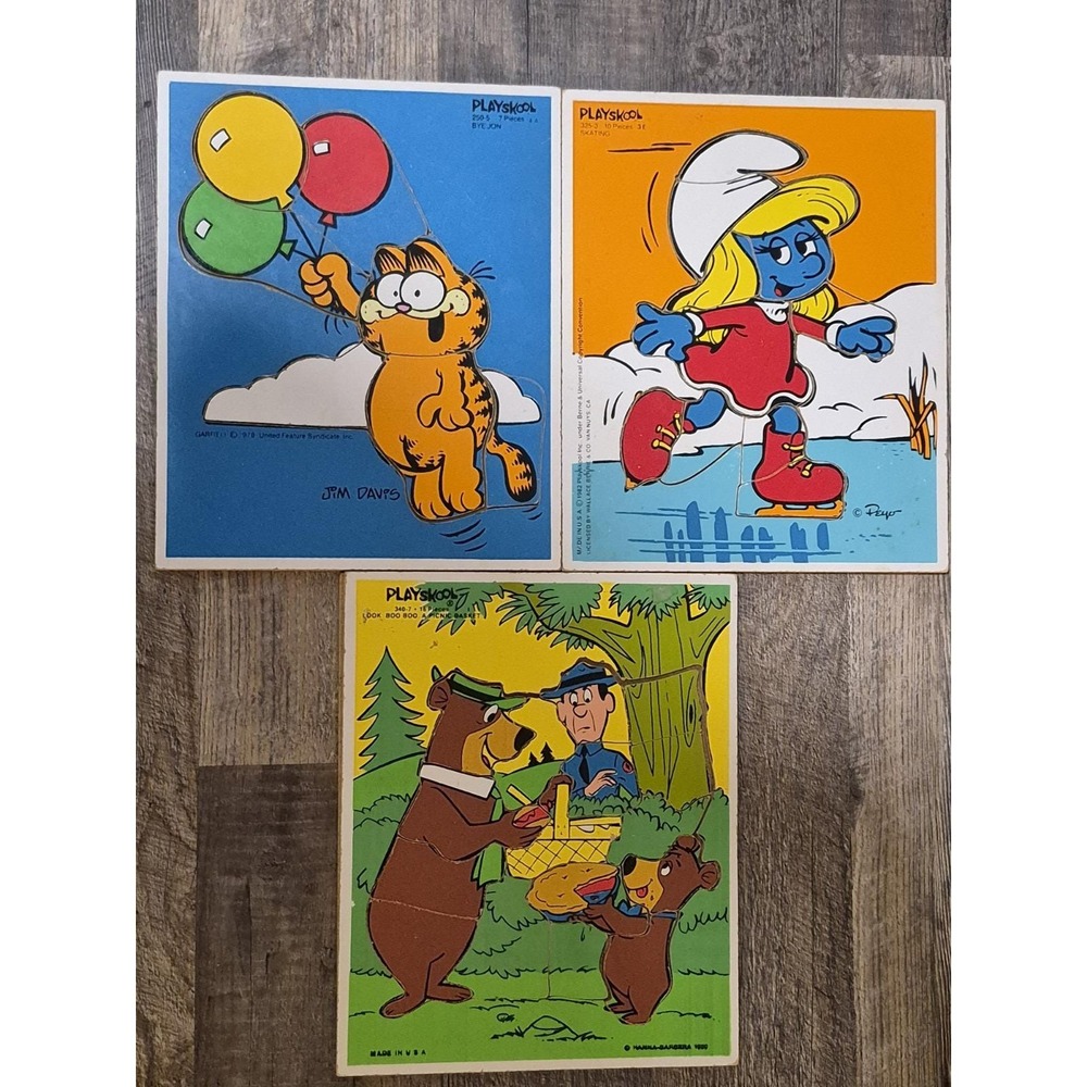 Vtg Playskool Wooden Tray Puzzle Lot of 3 - Garfield, Smurfette & Yogi Bear